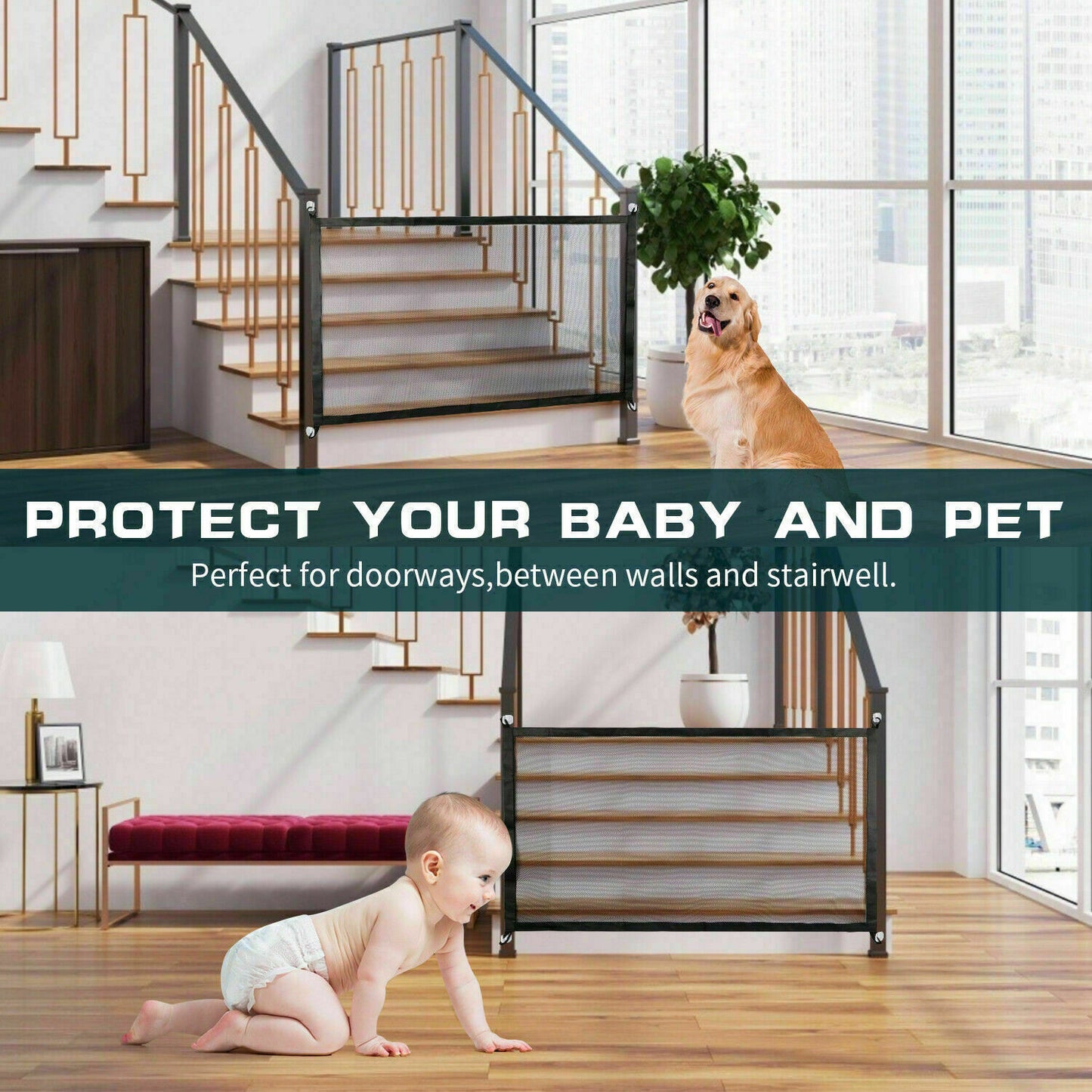 Pets Dog Cat Baby Safety Gate Mesh Fence Magic Portable Guard Net Stairs Doors - key words