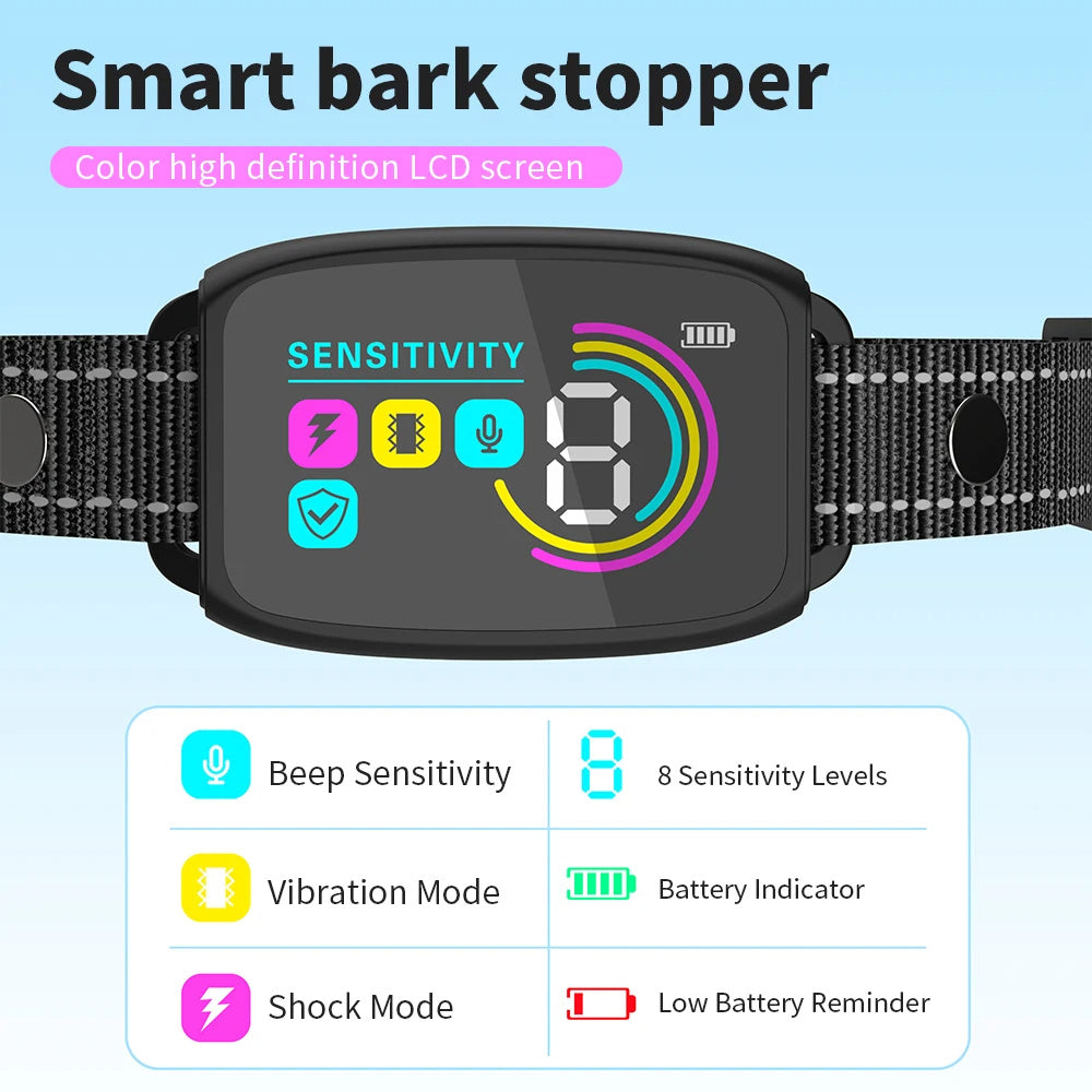 Smart Automatic Anti Barking Dog Collar Rechargeable Bark Stopper Stop Barking HD Digital Display IP67 Waterproof Collar For Dogs Pet Products - key words