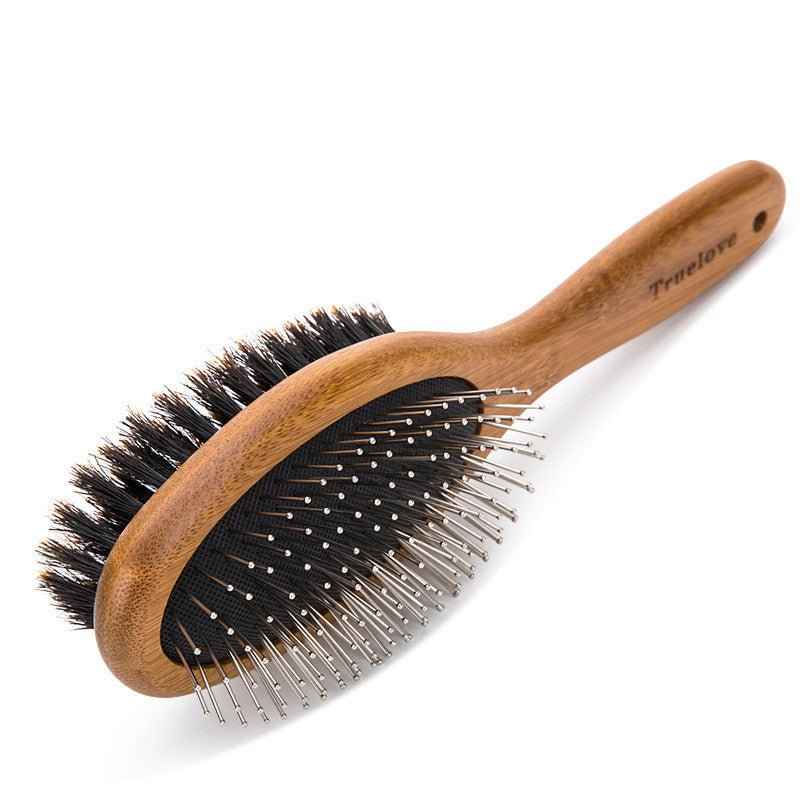 Dual-Sided Dog Grooming Brush with Wooden Handle