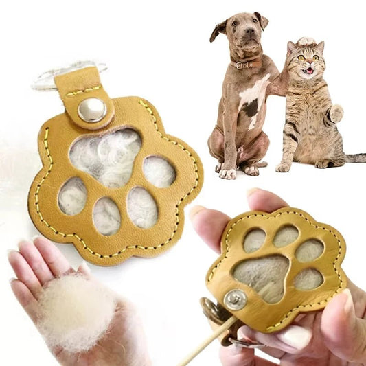 Leather Memorial Pet Hair Storage Bag Cat Paw Keychain Handmade Homemade Pet Memorial Keychain - key words