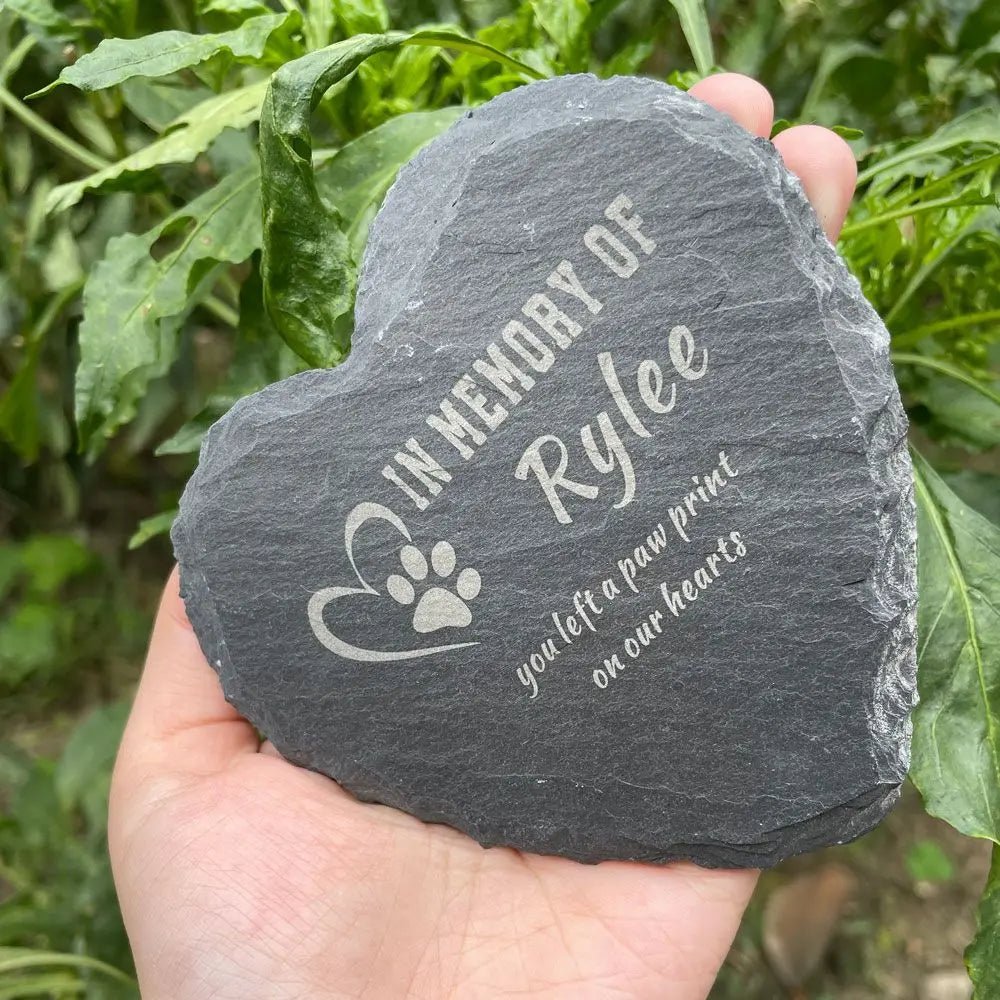 Custom Engraved Pet Memorial Stone,  Heart Shape Dog Cat Memorial Plaque Garden Stone, Personalized Slate Pet Loss Gift - key words