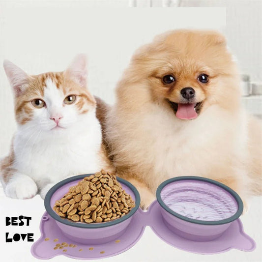 Portable Silicone Double Dog Food Bowls Foldable Non-Slip Cat Bowl Pet Travel Anti-Choking Feeding Bowl Outdoor - key words