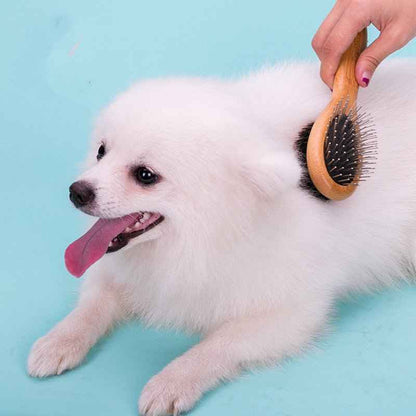 Dual-Sided Dog Grooming Brush with Wooden Handle