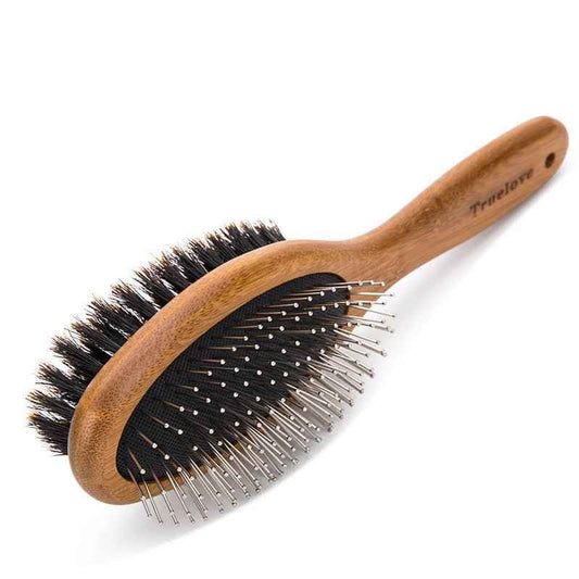 Dual-Sided Dog Grooming Brush with Wooden Handle