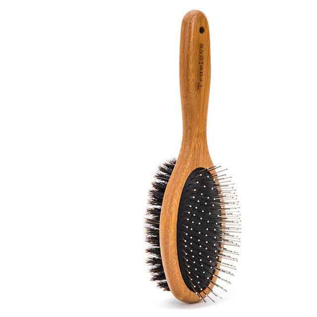 Dual-Sided Dog Grooming Brush with Wooden Handle