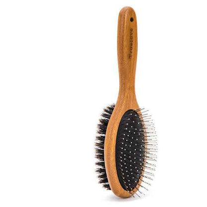 Dual-Sided Dog Grooming Brush with Wooden Handle